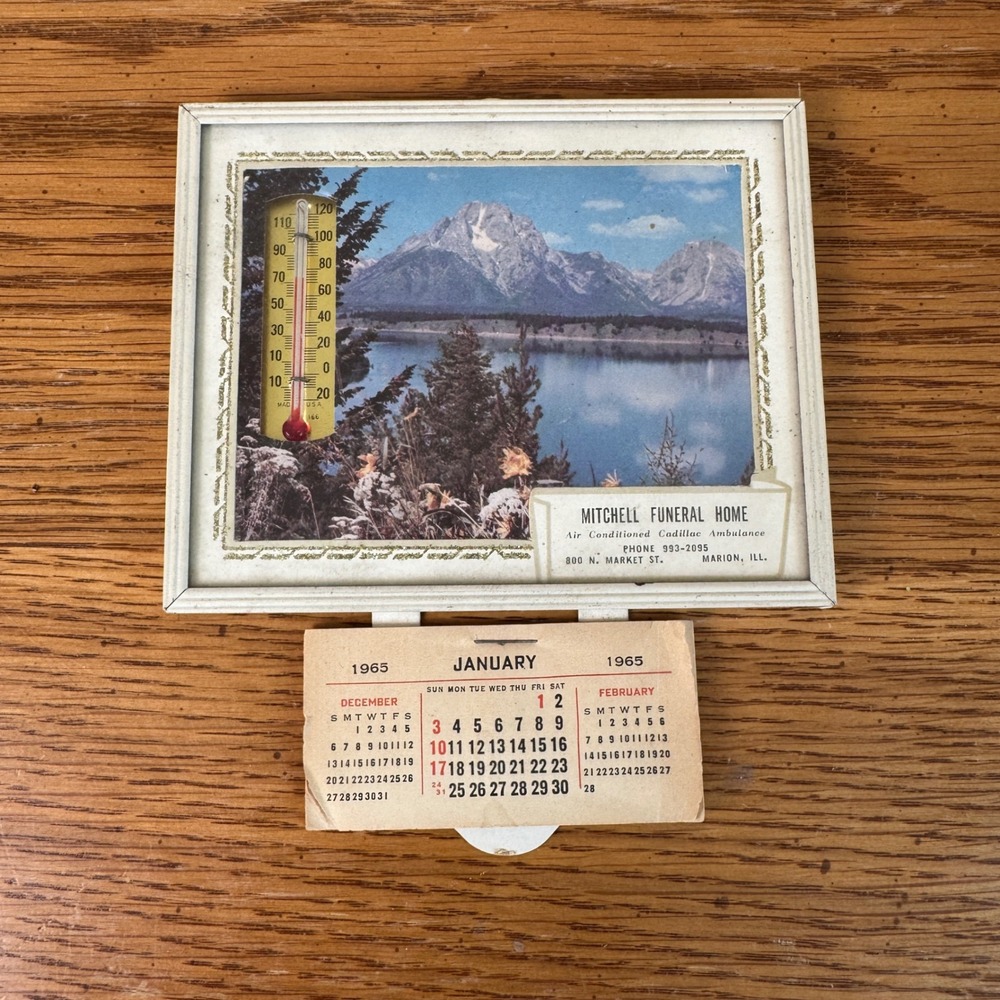Vintage 1965 Mitchell Funeral‎ Home Calendar Thermometer Cadillac Ambulance IL